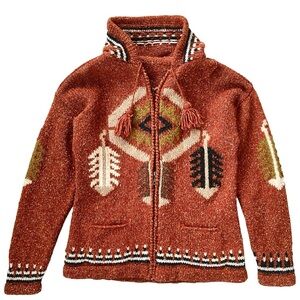 Vintage Chunky Wool Cardigan Sweater with Pointed Hood and Front Zip, Size Large